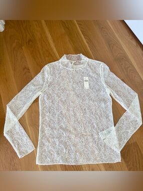 NWT Anthropologie Lace Mock Neck Long-Sleeve Top - cream